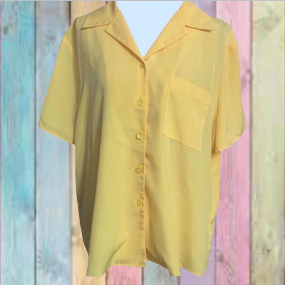 Susan Graver Yellow Button Down V-neck Short Sleeve Top